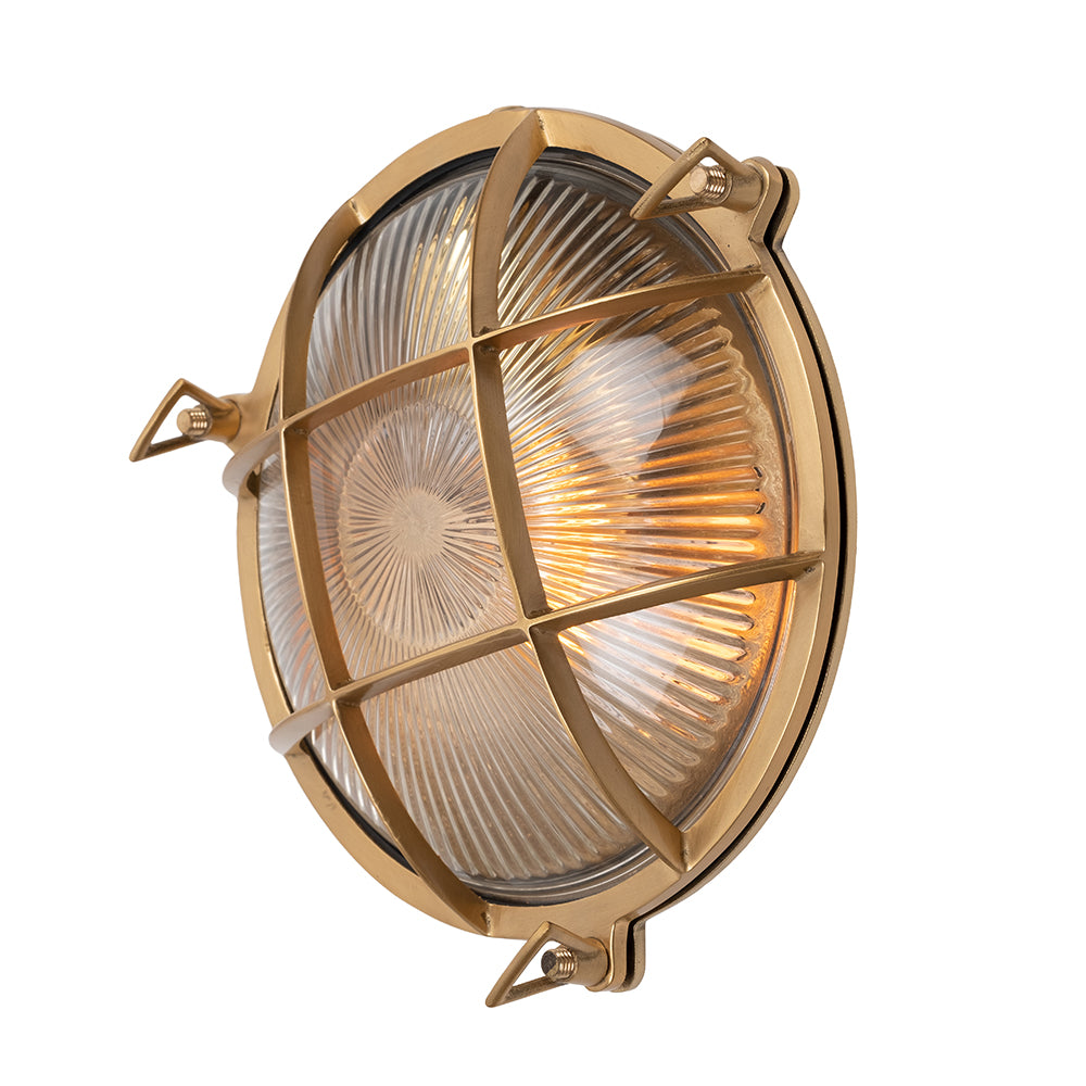 Carlisle Grid Prismatic Glass IP65 Lacquered Brass Bulkhead Wall Light