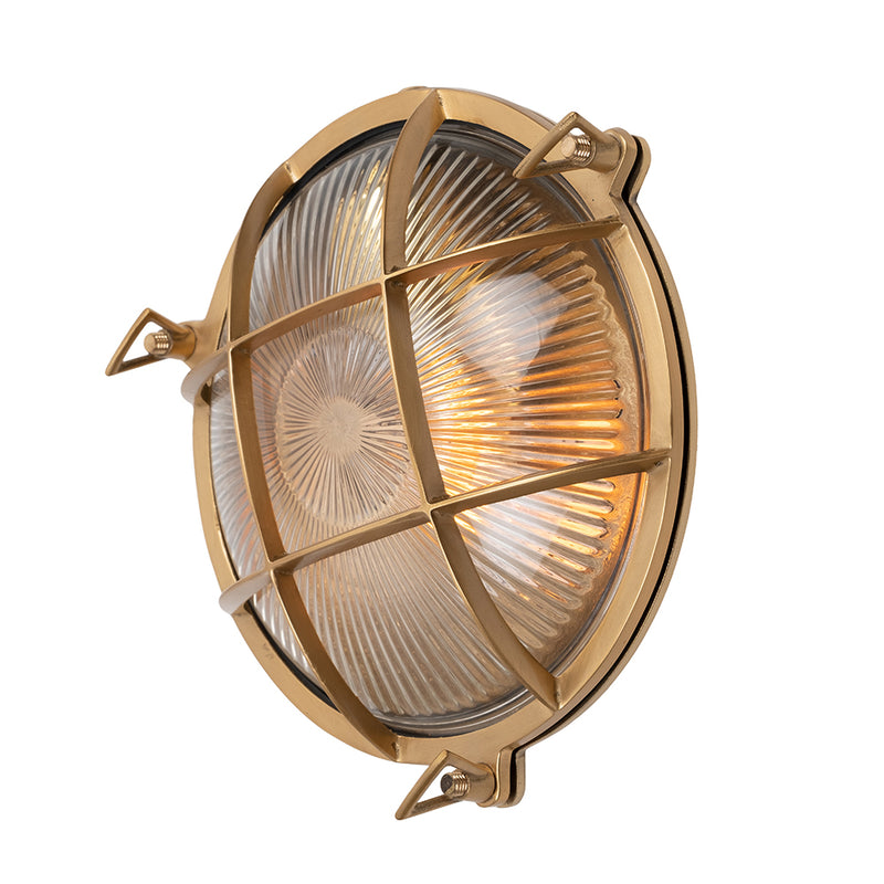 Carlisle Grid Prismatic Glass IP65 Lacquered Brass Bulkhead Wall Light