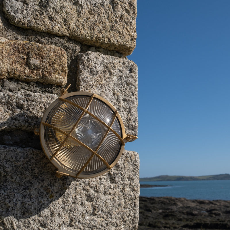Carlisle Grid Prismatic Glass IP65 Polished Brass Bulkhead Wall Light