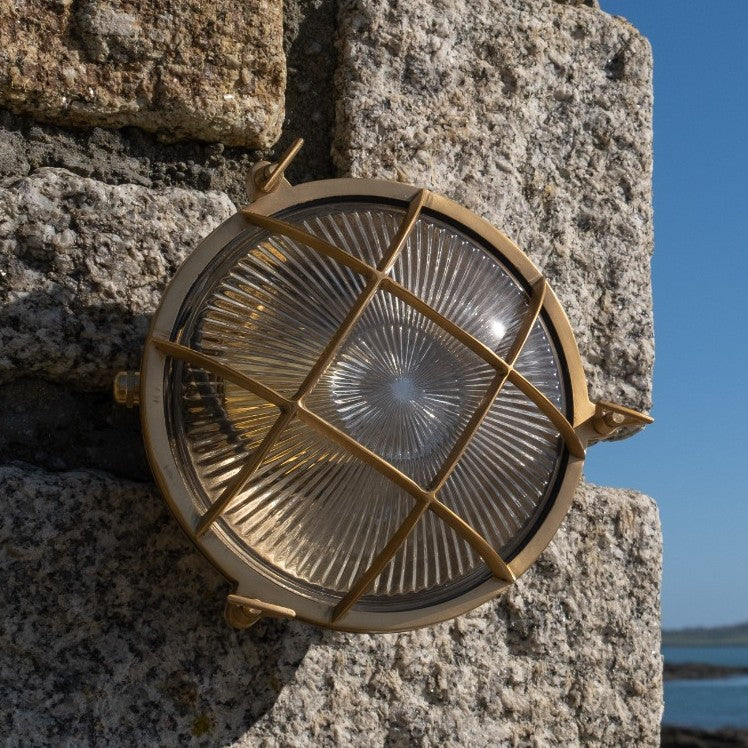 Carlisle Grid Prismatic Glass IP65 Polished Brass Bulkhead Wall Light