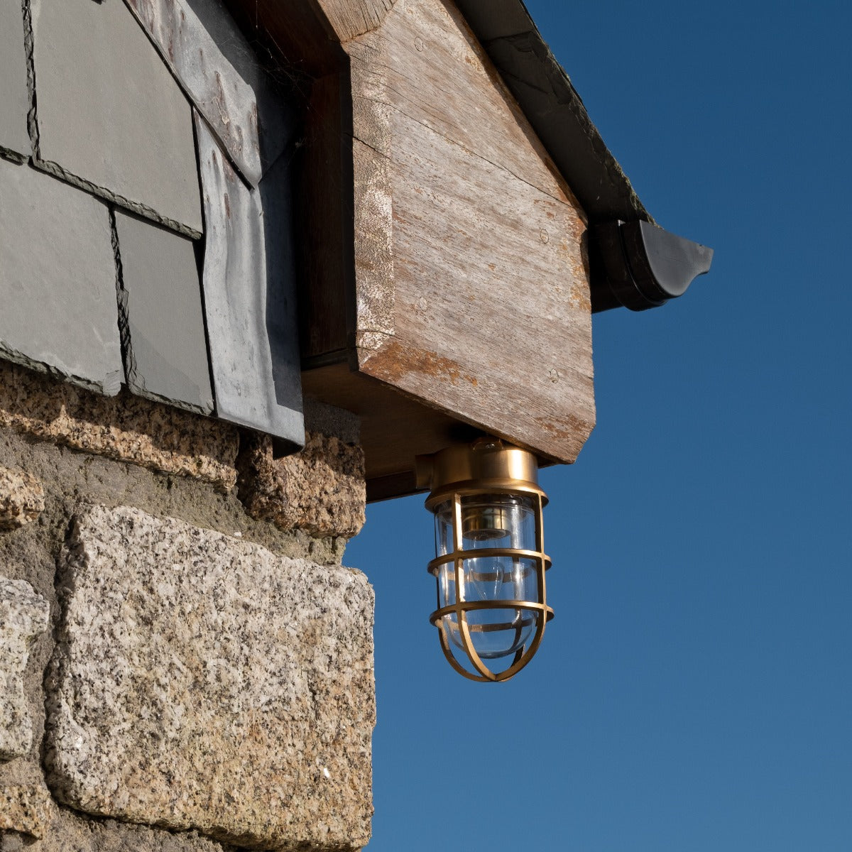 Kemp Grid IP65 Outdoor & Bathroom Polished Solid Brass Ceiling Light