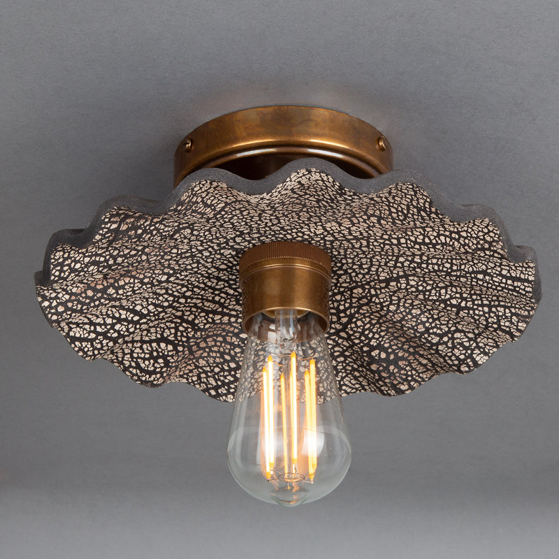 Mullan Kapok Black Clay Ceramic Flush Ceiling Light 27cm in Antique Brass