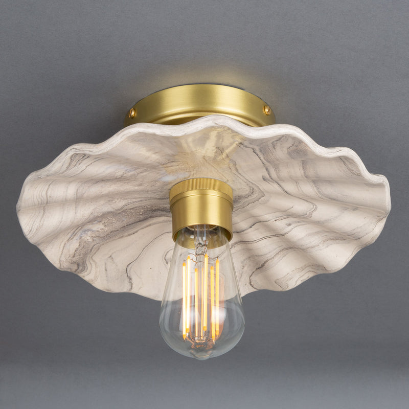 Mullan Kapok Marbled Ceramic Flush Ceiling Light 27cm in Satin Brass