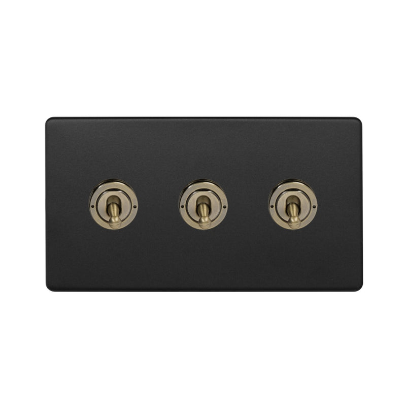 Matt Black & Antique Brass 2 Gang Light Switch - Camden Collection